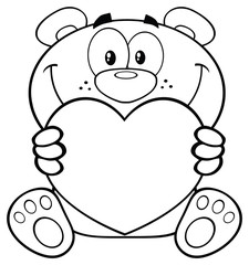 Black And White Teddy Bear Cartoon Mascot Character Holding A Valentine Love Heart. Illustration Isolated On White Background