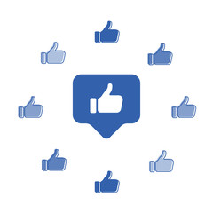 Blue button hand with thumb finger up. Like social icon.