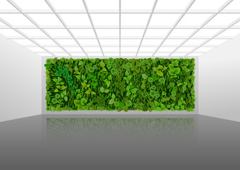 Vector illustration about vertical landscaping of walls in office and  home. White modern interior with green wall overgrown with plants.