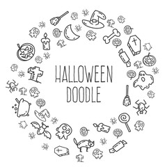 Cartoon funny halloween doodles. Hand drawn objects and symbols. Vector illustration for backgrounds, web design, design elements, textile prints, covers, greeting cards.
