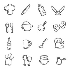 Cartoon funny doodles kitchenware. Hand drawn objects and symbols. Vector illustration for backgrounds, web design, design elements, textile prints, covers, greeting cards.