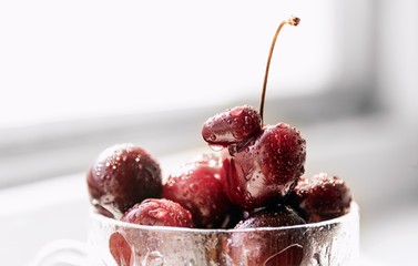 Berries cherries in water droplets