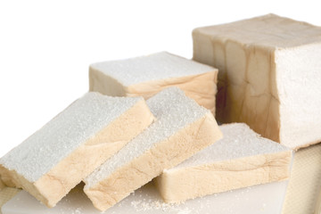 Sliced white bread on white background