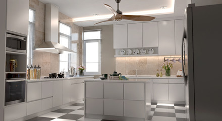 Fototapeta na wymiar 3D render modern white kitchen