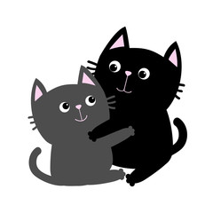 Black Gray Cat hugging family couple. Hug, embrace, cuddle. Happy Valentines day Greeting card. Cute funny cartoon character. Kitty Whisker Baby pet White background. Isolated. Flat design.