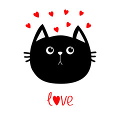 Black cat head icon. Red heart set. Cute funny cartoon character. Valentines day Word love Greeting card. Sad emotion. Kitty Whisker Baby pet collection. White background. Isolated. Flat design.