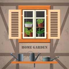 Vector square flat illustration about spring, home garden, ecology, cosiness. Half-timbered house and old wooden window with shutters and flowers in pots inside. Shelf with metal watering cans outside