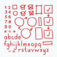 Marker Hand Written Doodle Symbols Vector. Letters, Numbers, Mathematical Symbols