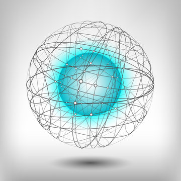 Vector illustration on the theme of physics, atomic nucleus, energy. Glowing blue neon ball inside the structure of curve intersecting lines in shape of sphere.