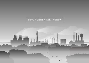 Environmental vector illustration. Trees and factory with smoke in fog. Protection of environment, urban landscape, ecology, air pollution, exhaust fumes, autumn morning. Black and white.