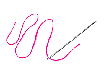 Red thread and needle isolated on white