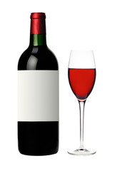 bottle and glass of red wine isolated on white
