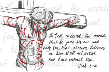 Jesus Christ in a crown of thorns on his head, hand drawn vector llustration