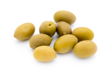 Green big olives on the white background.