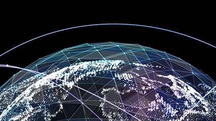 3D illuminated distorted sphere of glowing particles and wireframe. Technology digital splash or explosion concept