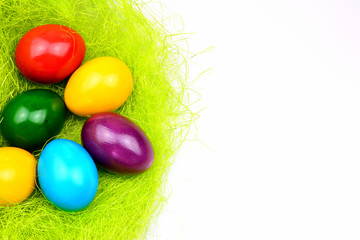 Oster Motiv - Bunte Ostereier auf Sisalgras vor weißem Hintergrund mit Textfreiraum