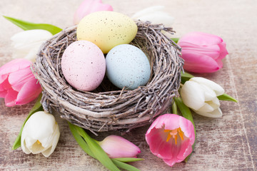 Obraz na płótnie Canvas Easter eggs in the nest. Spring flowers tulips.
