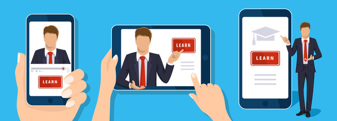Online learning. Devices, tablet, mobile, habnd, computer set isolated on blue. Vector smart phone screen. E-learning, webinar, presentation concept. Teacher businessman. Flat design for web site, app