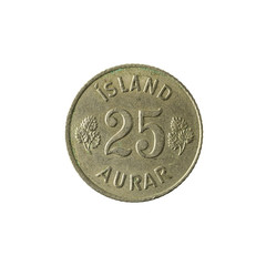 25 icelandic aurar coin (1966) obverse isolated on white background
