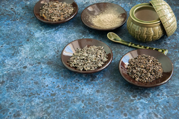 Variety of dry green tea. Leaves and powder.
