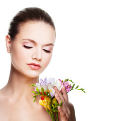 Spa Woman. Cute Face and Flowers Isolated on White