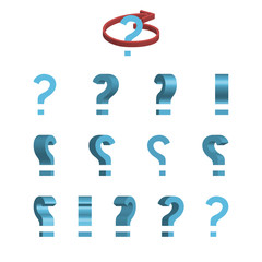 Sheet of sprites. Rotation of cartoon 3d question mark. Isolated on white background.