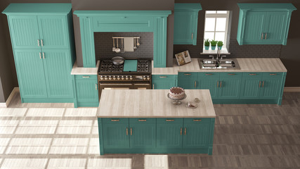 Classic kitchen, scandinavian minimal interior design with wooden and turquoise details