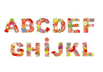 Childish funny vector flowers font with fruits. Summery alphabet, part 1