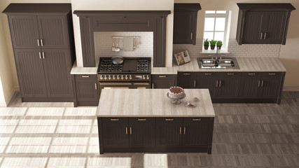 Classic kitchen, scandinavian minimal interior design with wooden and brown details