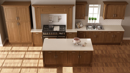 Classic kitchen, elegant interior design with wooden details, top view