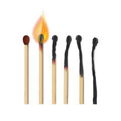 Burning and burnt realistic vector matches set on white background.