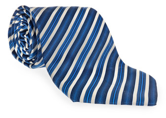 Rolled tie with colorful decorative strips of garnet blue and white. Object on a white background with a slight shadow and reflection.
