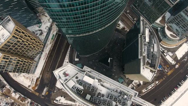City Skyscrapers. Urban Office Buildings from copter. 4K