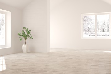 White empty room with winter landscape in window. Scandinavian interior design