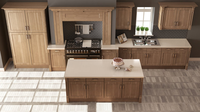 Classic kitchen, elegant interior design with wooden details, top view