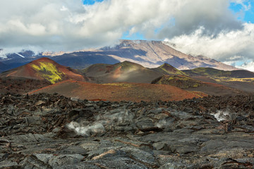 Lava field at Tolbachik volcano, after eruption in 2012 on background Plosky Tolbachik volcano,...