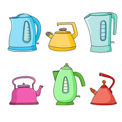 Tea time cartoon set. Vector isolated objects. Pretty teapots.