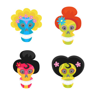 Set with colorful skulls for day of the dead. Sugar skulls