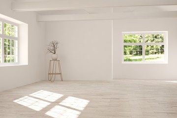 White empty room with green landscape in window. Scandinavian interior design