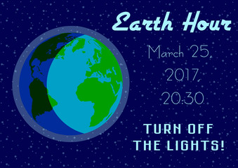 Earth Hour - global annual international event. Planet Earth on background of night starry blue sky in flat style. Vector illustration