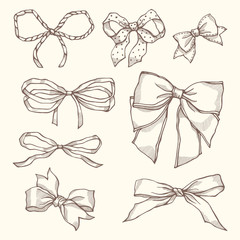 Set of vintage bows. Collection of hand drawn illustration.