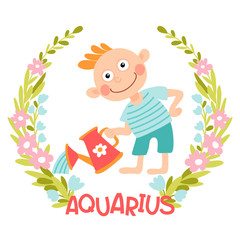 Template greeting card or illustration with Zodiac sign. Aquarius