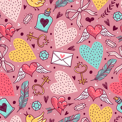 Seamless pattern with decorative elements for Valentine's Day. Freehand drawing