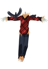 Image of a headless scarecrow with crows on his arms