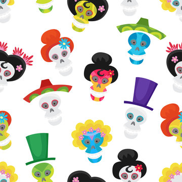 Seamless pattern with colorful skulls for day of the dead.