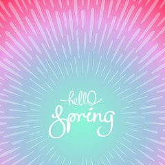 Hello Spring. Retro hand lettering label. Trendy doodle sunbeams backdrop. Vector design elements. 