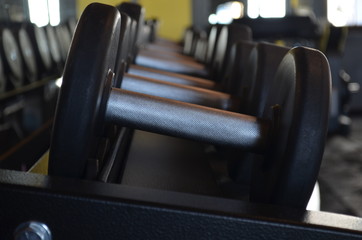 Obraz na płótnie Canvas metal dumbbells in a row in gym