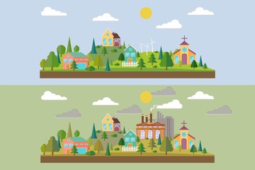Set of two illustration. Eco village with plant or factory building in flat style. Summer forest in flat style. Environmental pollution. Vector illustration.