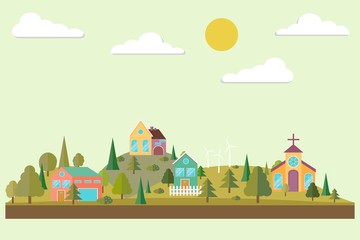 Eco village. Forest in flat style. Autumn forest. Eco lifestyle. Ecosystem. Eco tourism. Vector illustration