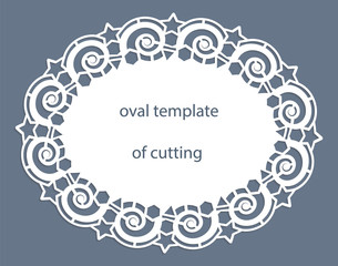 Greeting  card with openwork  oval border, paper doily under the cake, template for cutting, wedding invitation, decorative plate is laser cut, vector illustrations.